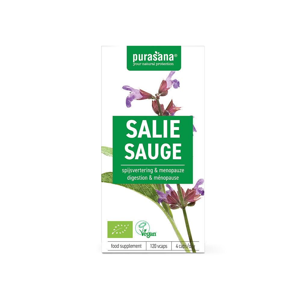 Doosje purasana® Salie Sauge. Groen-witte verpakking met bloemen. Tekst: Salie Sauge, 120 capsules.