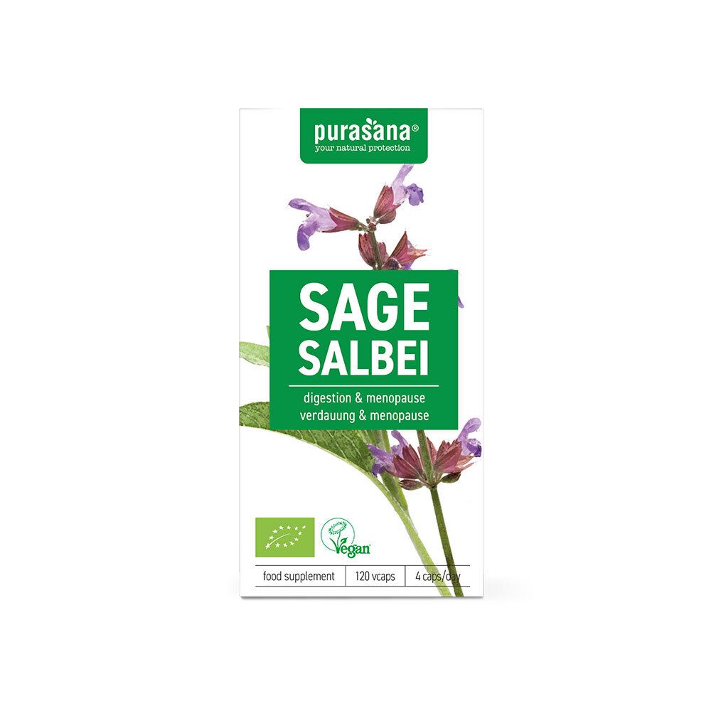 Doosje purasana® Sage Salbei. Groen-witte verpakking met bloemen. Tekst: Sage Salbei, 120 capsules.