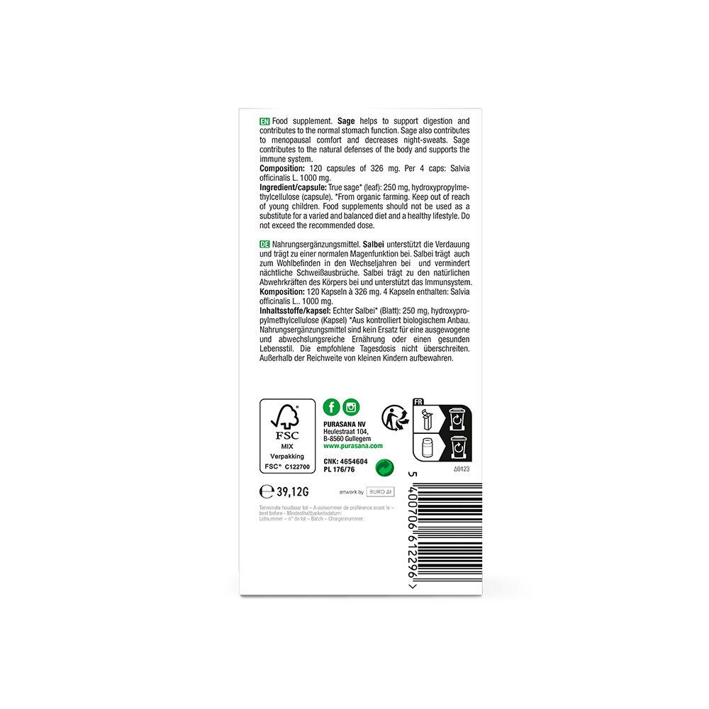 Achterkant van de verpakking. Meertalige tekst. FSC-logo. Tekst: 39,12g.