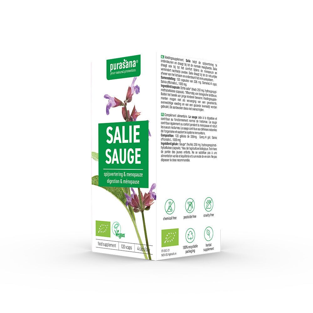 Doosje purasana® Salie Sauge. Groen-witte verpakking met bloemen. Tekst: Salie Sauge, 120 capsules.