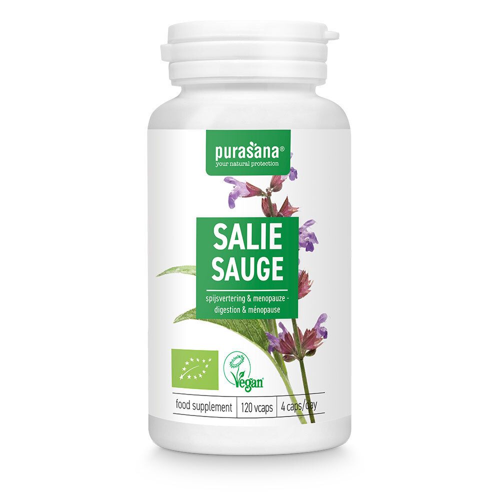 Witte fles met purasana® Salie Sauge. Tekst: Salie Sauge, 120 capsules. Bloemenafbeelding. Groen etiket.