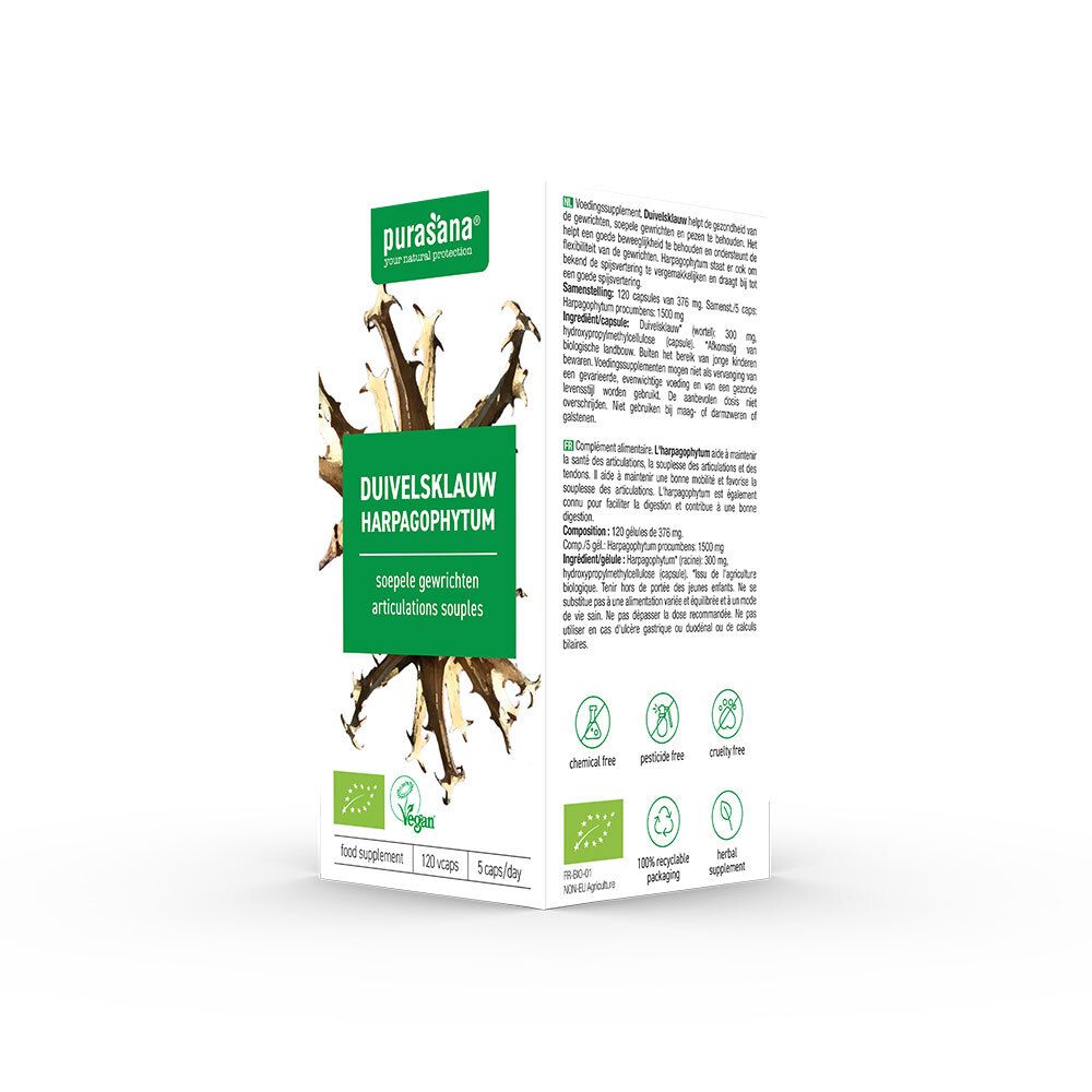 Productverpakking, iets schuin. Logo Purasana, productafbeelding, tekst en zegels.