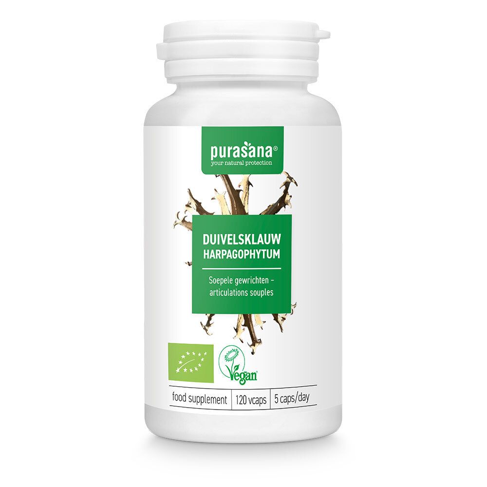 Witte fles met capsules. Logo Purasana, productnaam, tekst en zegels.