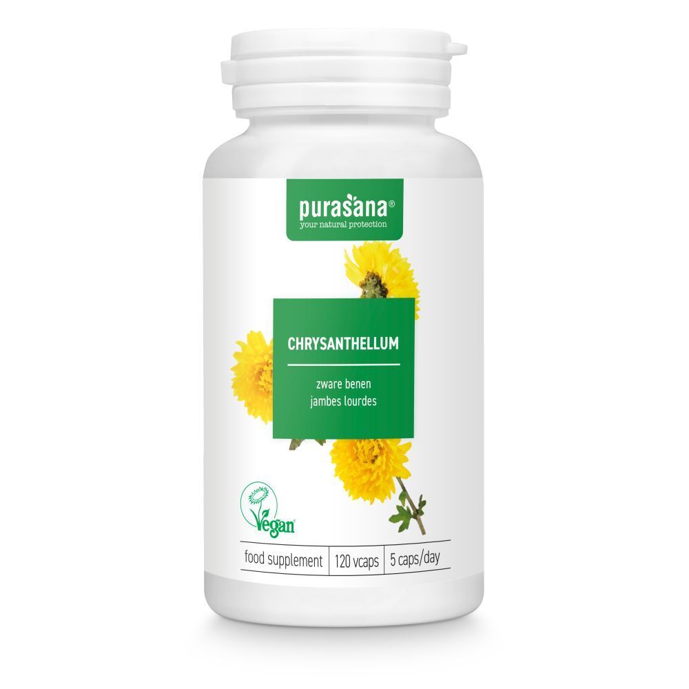 Witte fles met capsules. Opschrift: Chrysanthellum, vegan. Gele bloemen.