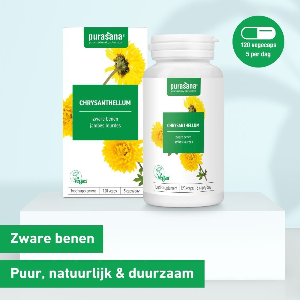 Verpakking en fles met capsules. Opschrift: Chrysanthellum, vegan. Gele bloemen.