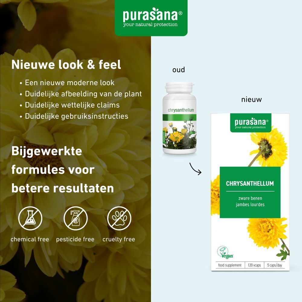 Vergelijking oude en nieuwe verpakking. Opschrift: Chrysanthellum, vegan. Gele bloemen.