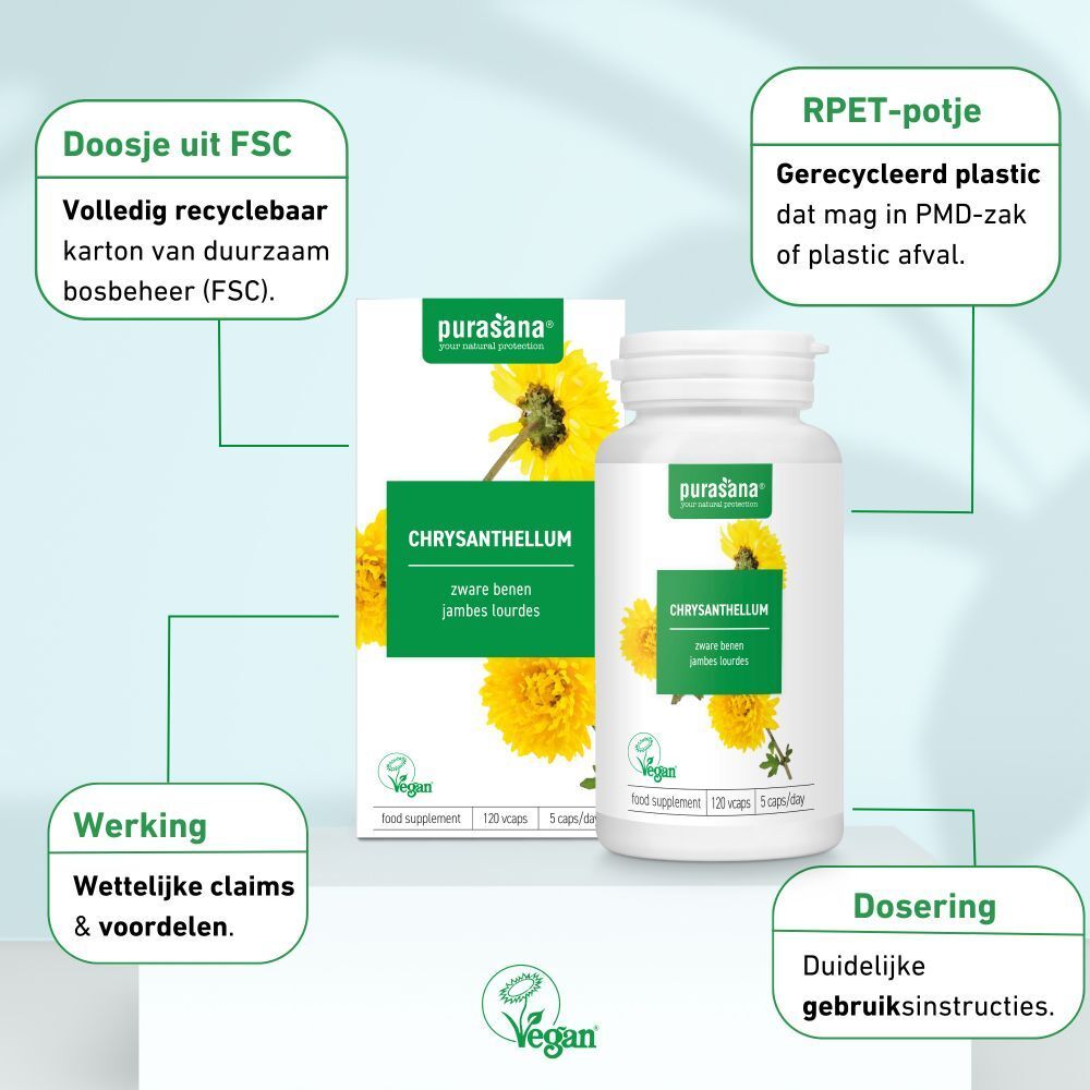 Verpakking en fles met capsules. Opschrift: Chrysanthellum, vegan. Gele bloemen. FSC-certificering.