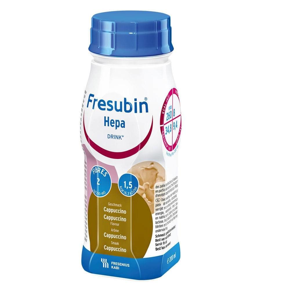 Bouteille Fresubin Hepa Drink Cappuccino. Étiquette blanche avec texte bleu. Bouchon à vis bleu. Informations nutritionnelles imprimées.