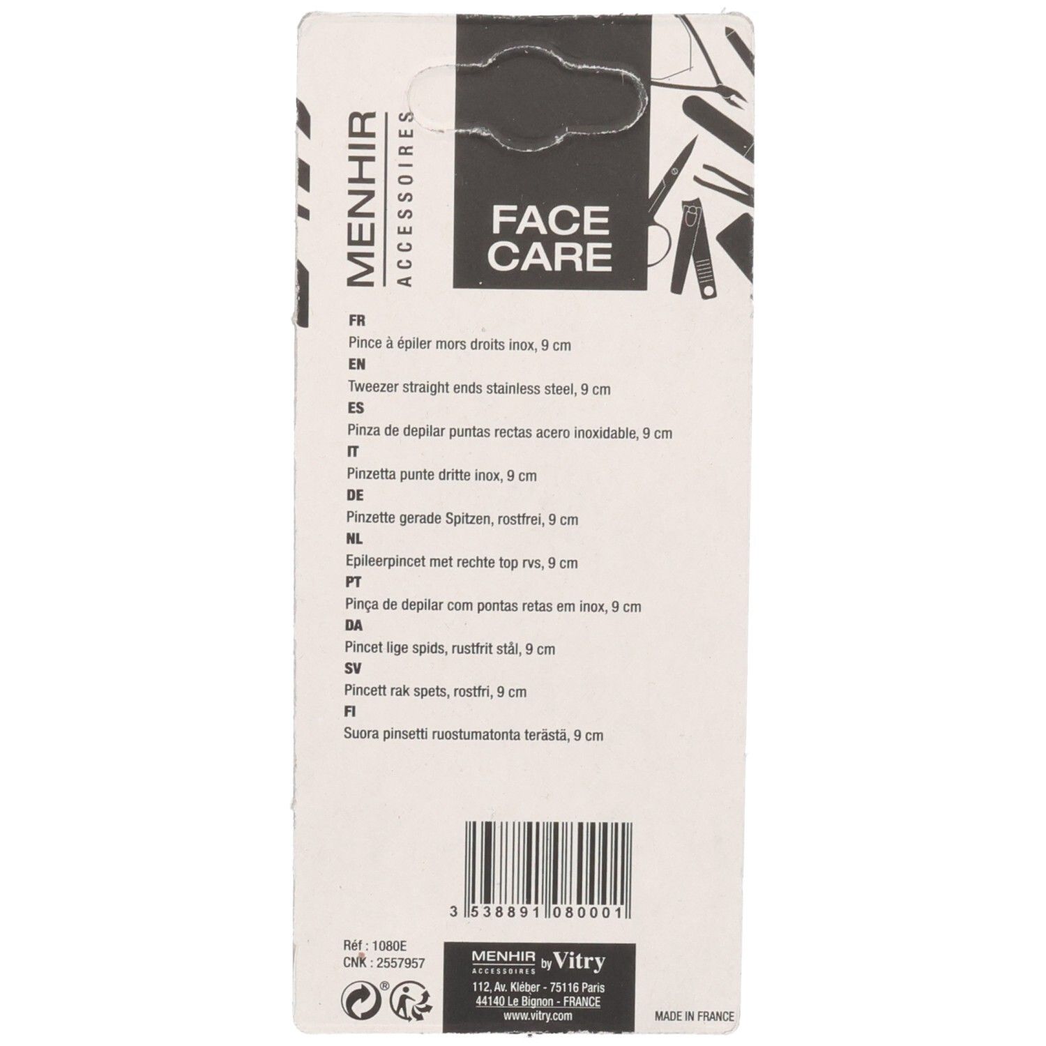 Rückseite der Verpackung. Mehrsprachige Produktbeschreibungen. Barcode und Logo von Menhir Accessoires.