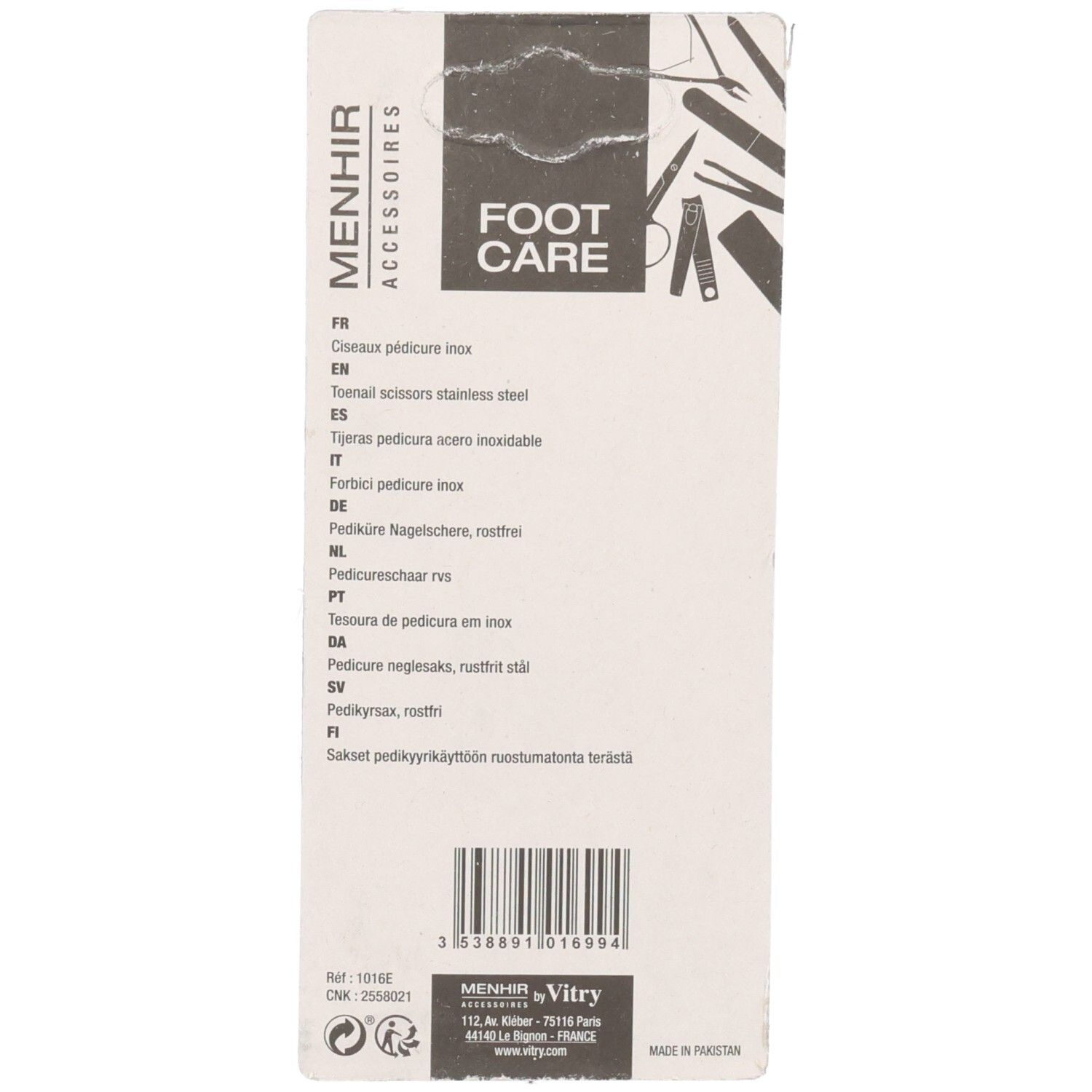 Rückseite der Verpackung. Menhir Accessoires. Text mit Produktbezeichnungen in verschiedenen Sprachen.