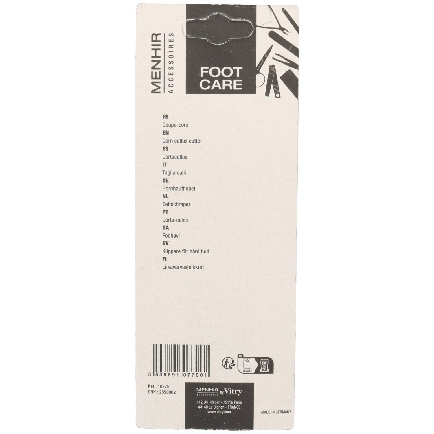 Rückseite der Verpackung. Menhir Accessoires, Foot Care. Mehrsprachige Produktbezeichnungen. Herstellerinformationen.