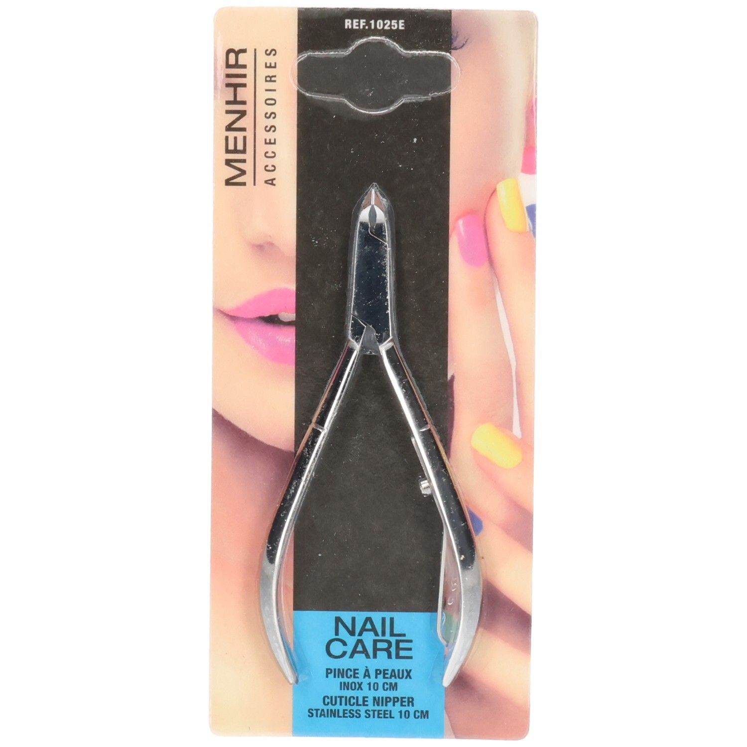 Nagelriemknipper aus Edelstahl, 10 cm, in Verpackung. Marke Menhir Accessoires. Blaue und weiße Verpackung mit Produktnamen.