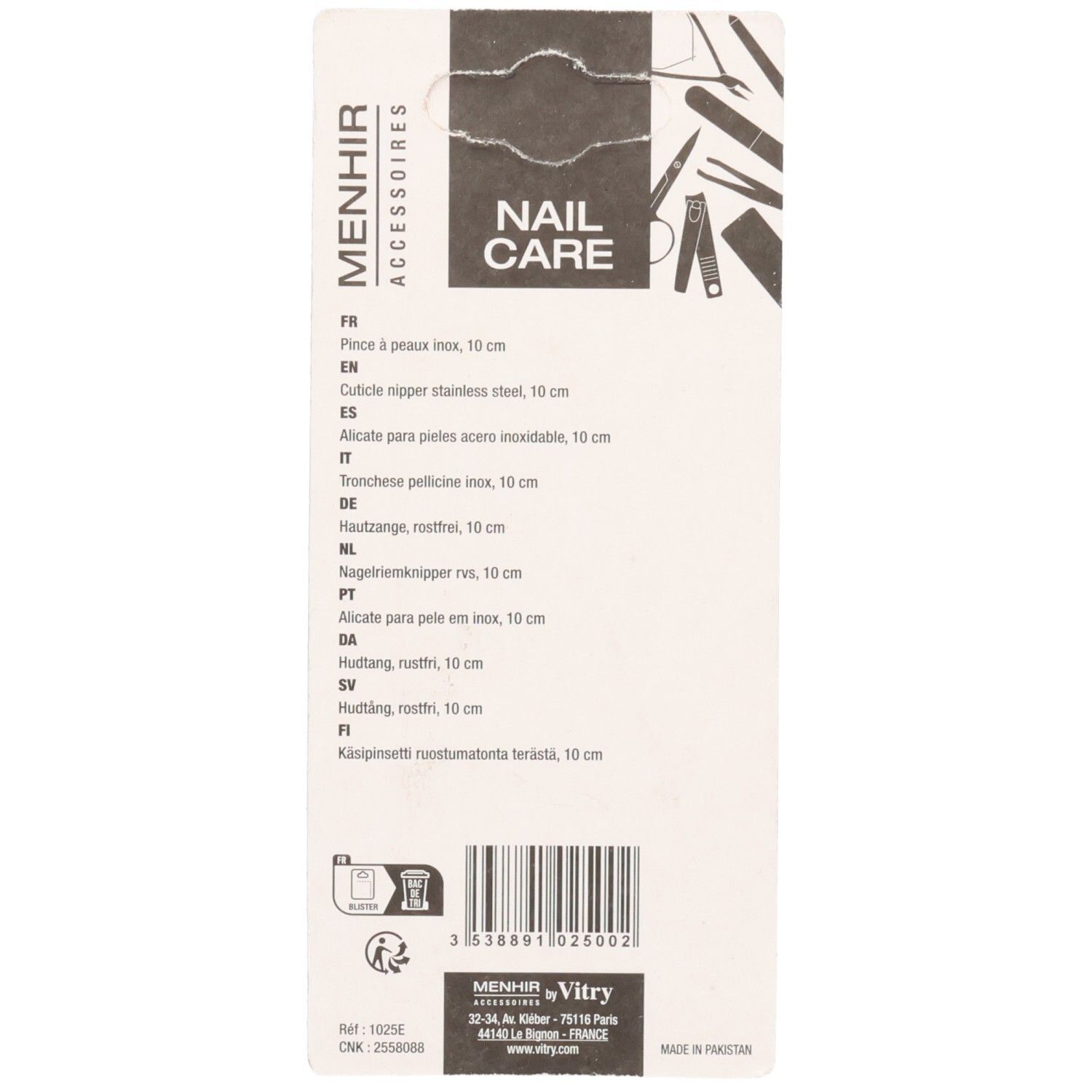 Rückseite der Verpackung. Produktinformationen in verschiedenen Sprachen. Marke Menhir Accessoires. Barcode und Logo Vitry.
