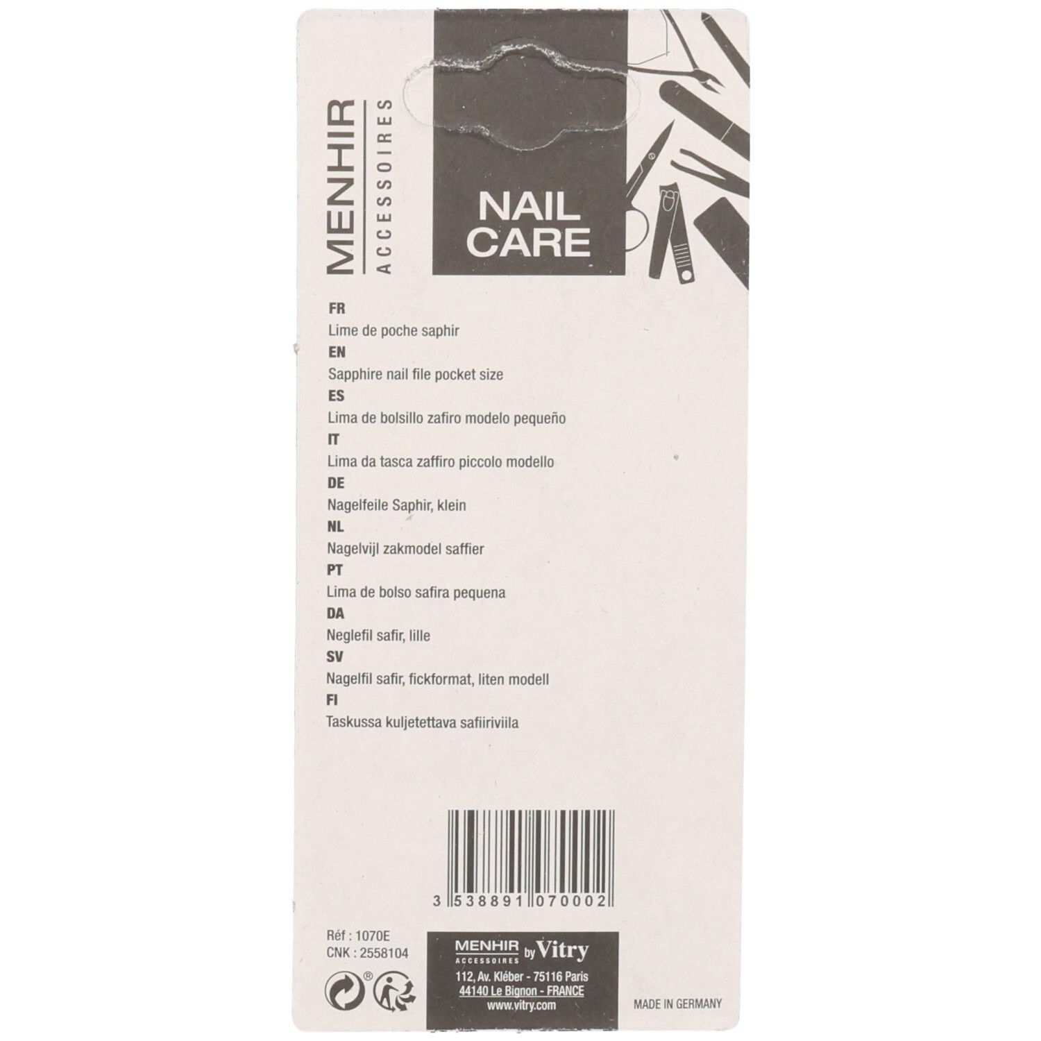 Rückseite der Verpackung mit mehrsprachigen Produktinformationen und Barcode.