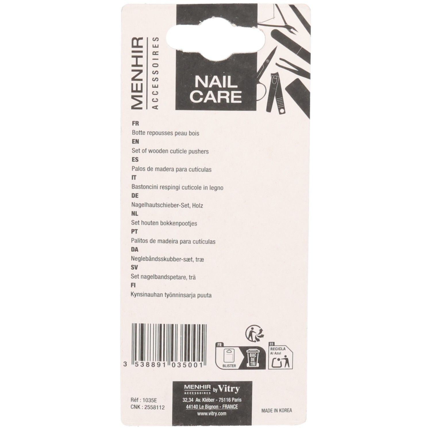 Rückseite der Verpackung. Produktname, Beschreibung in mehreren Sprachen, Barcode und Logo.