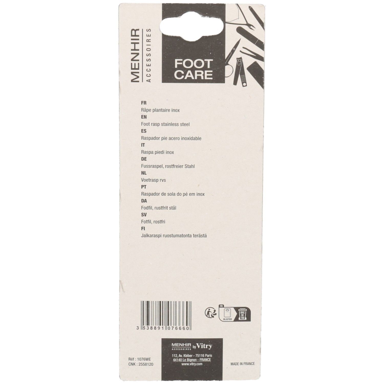 Rückseite der Produktverpackung. Enthält Produktnamen, Produktbeschreibungen in verschiedenen Sprachen und Markenlogo.