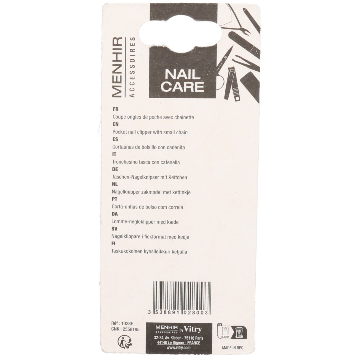 Rückseite der Verpackung. Text: Nail Care, Menhir Accessoires. Mehrsprachige Produktbeschreibungen.