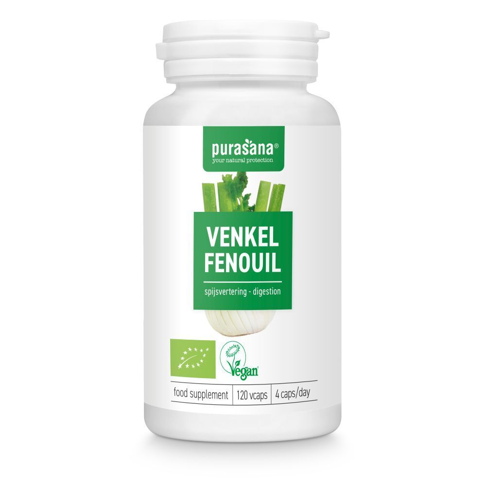 Witte fles met capsules. Opschrift: VENKEL FENOUIL, spijsvertering. Vegan-label. Bio-certificering.