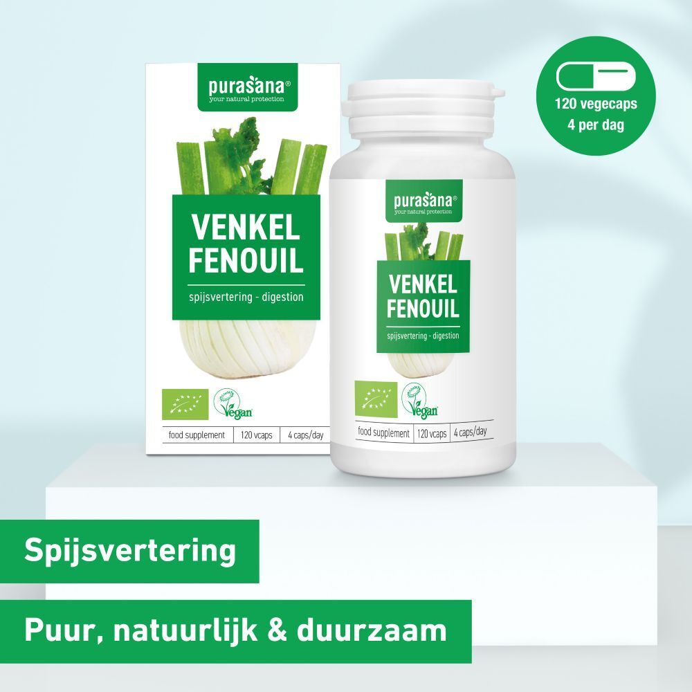 Productverpakking met fles en doos. Opschrift: VENKEL FENOUIL, spijsvertering. Vegan-label. 120 vegicaps.