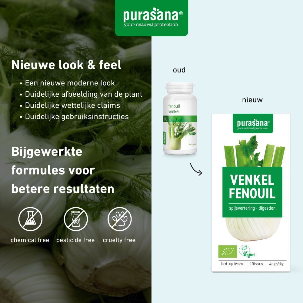 Vergelijking oud en nieuw design. Fles en doos met VENKEL FENOUIL. Tekst: chemical free, pesticide free, cruelty free.