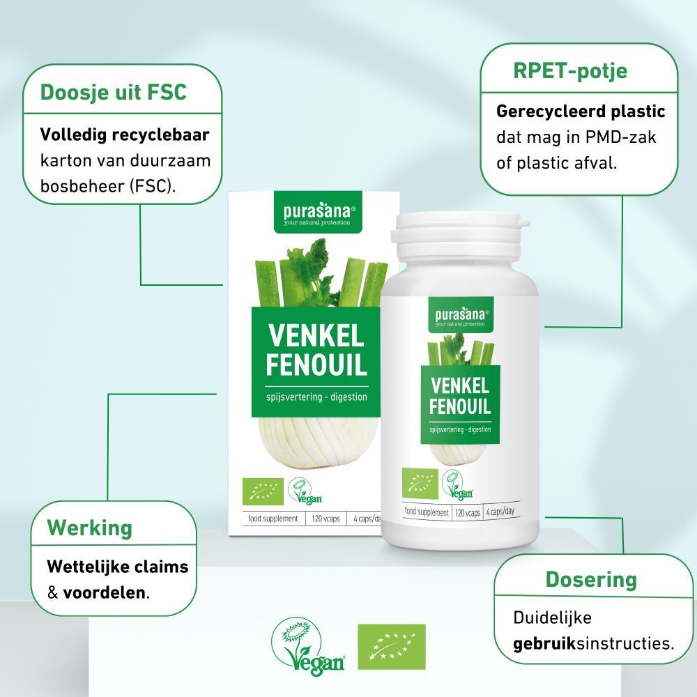 Productverpakking met fles en doos. Opschrift: VENKEL FENOUIL. Tekst: Doosje uit FSC, RPET-potje, Werking, Dosering.