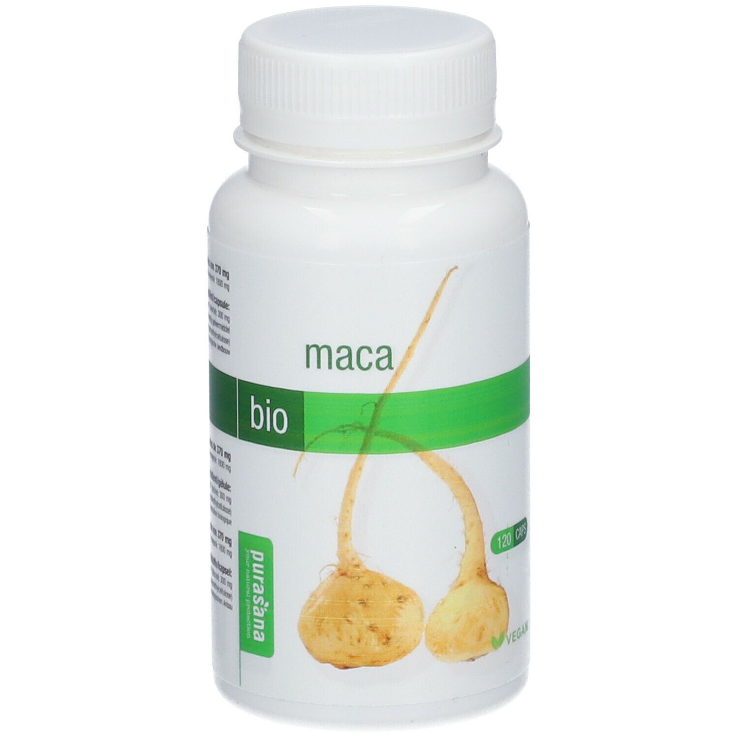 Flacon blanc avec étiquette verte. Inscription : maca bio. Illustration de racines de maca. Label vegan.