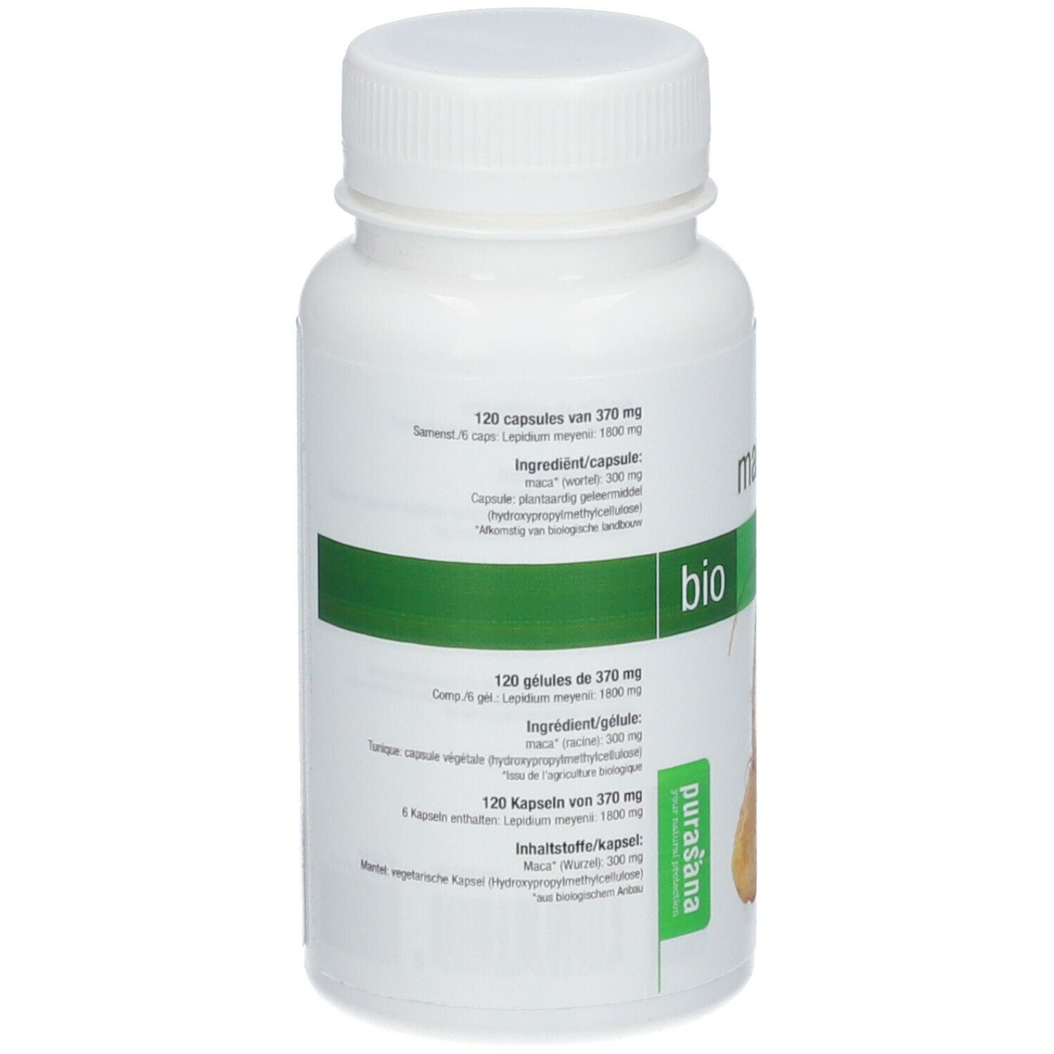 Dos du flacon blanc. Étiquette verte avec informations produit. Inscription : 120 gélules. Label vegan.