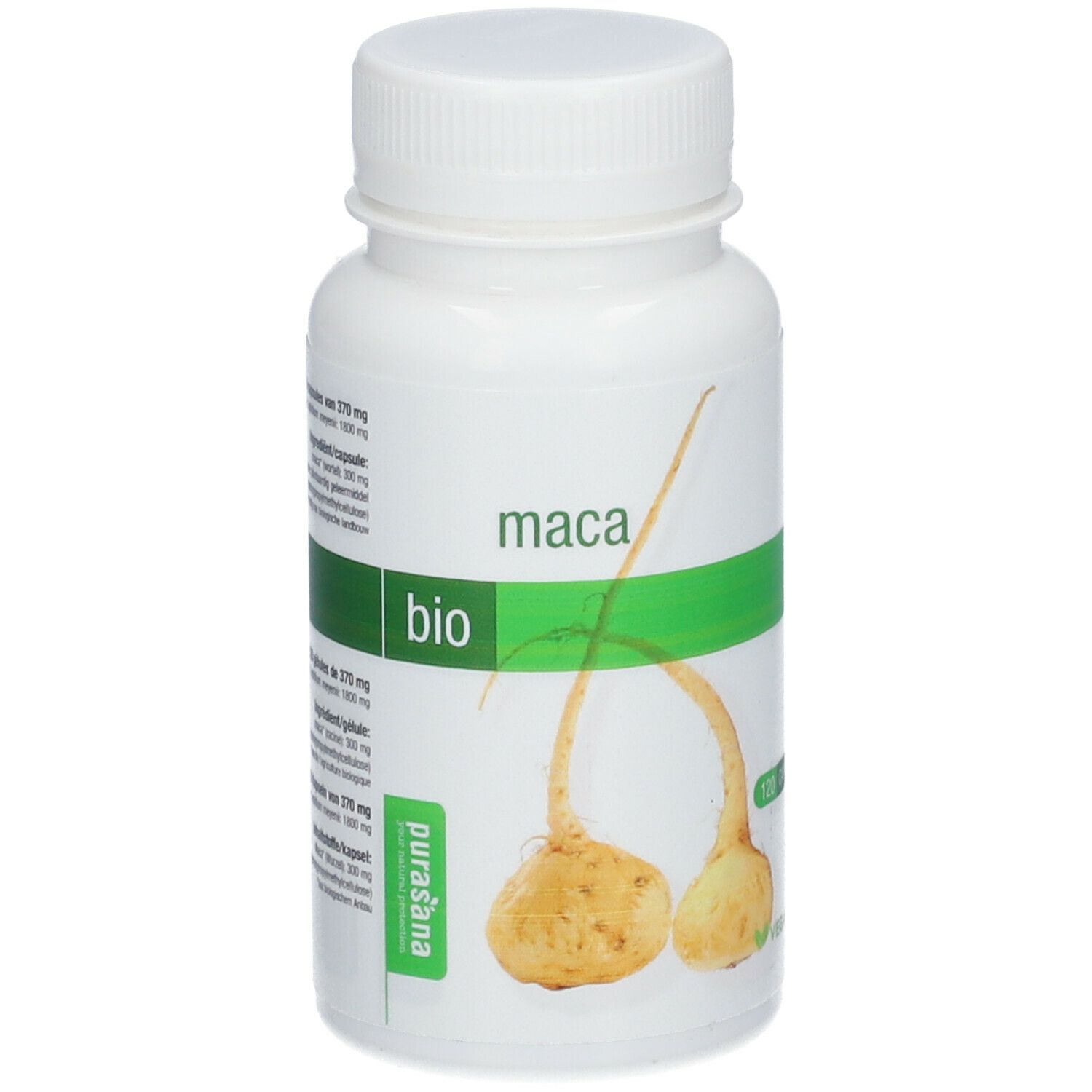Flacon blanc avec étiquette verte. Inscription : maca bio. Illustration de racines de maca. 120 gélules.
