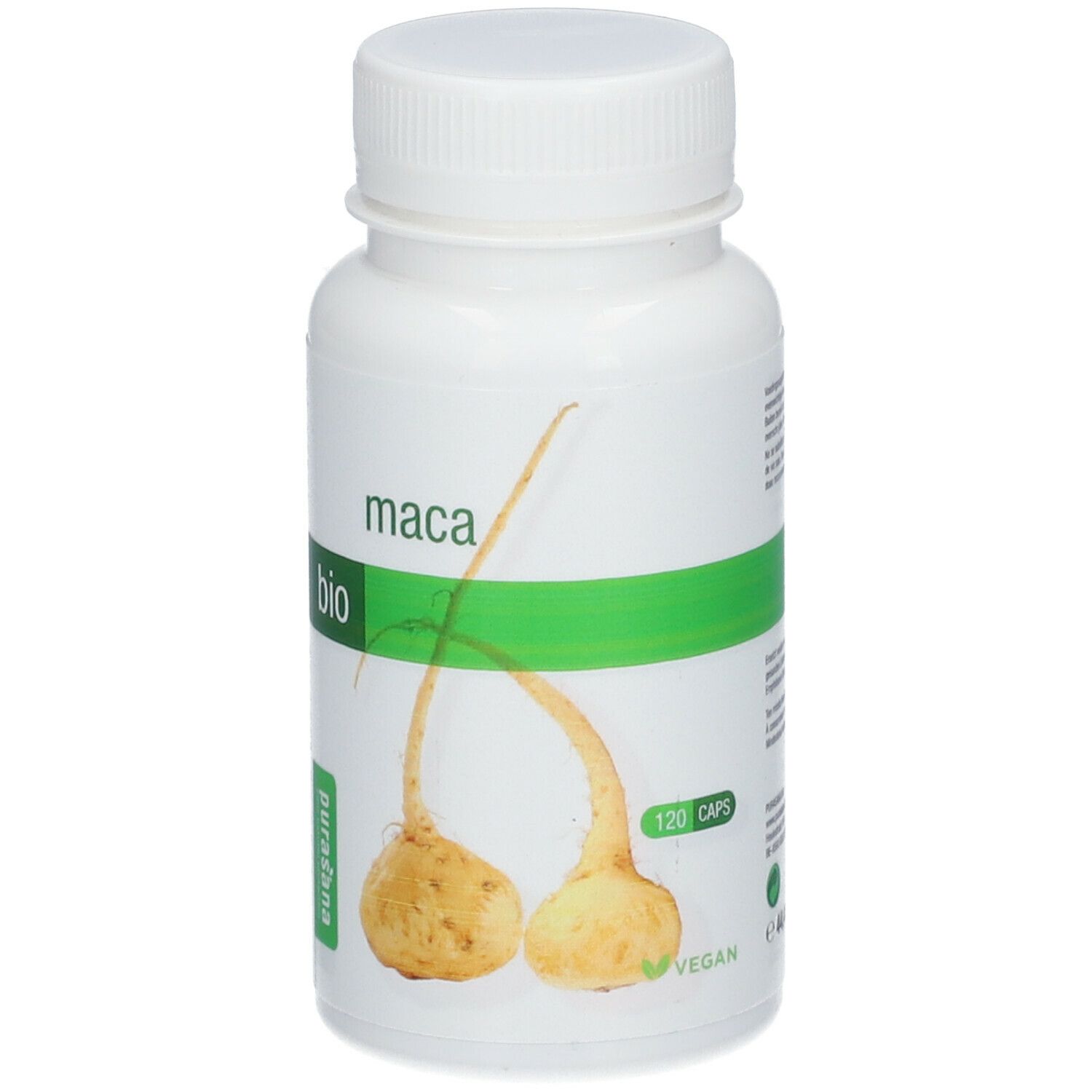 Flacon blanc avec étiquette verte. Inscription : maca bio. Illustration de racines de maca. 120 gélules. Label vegan.