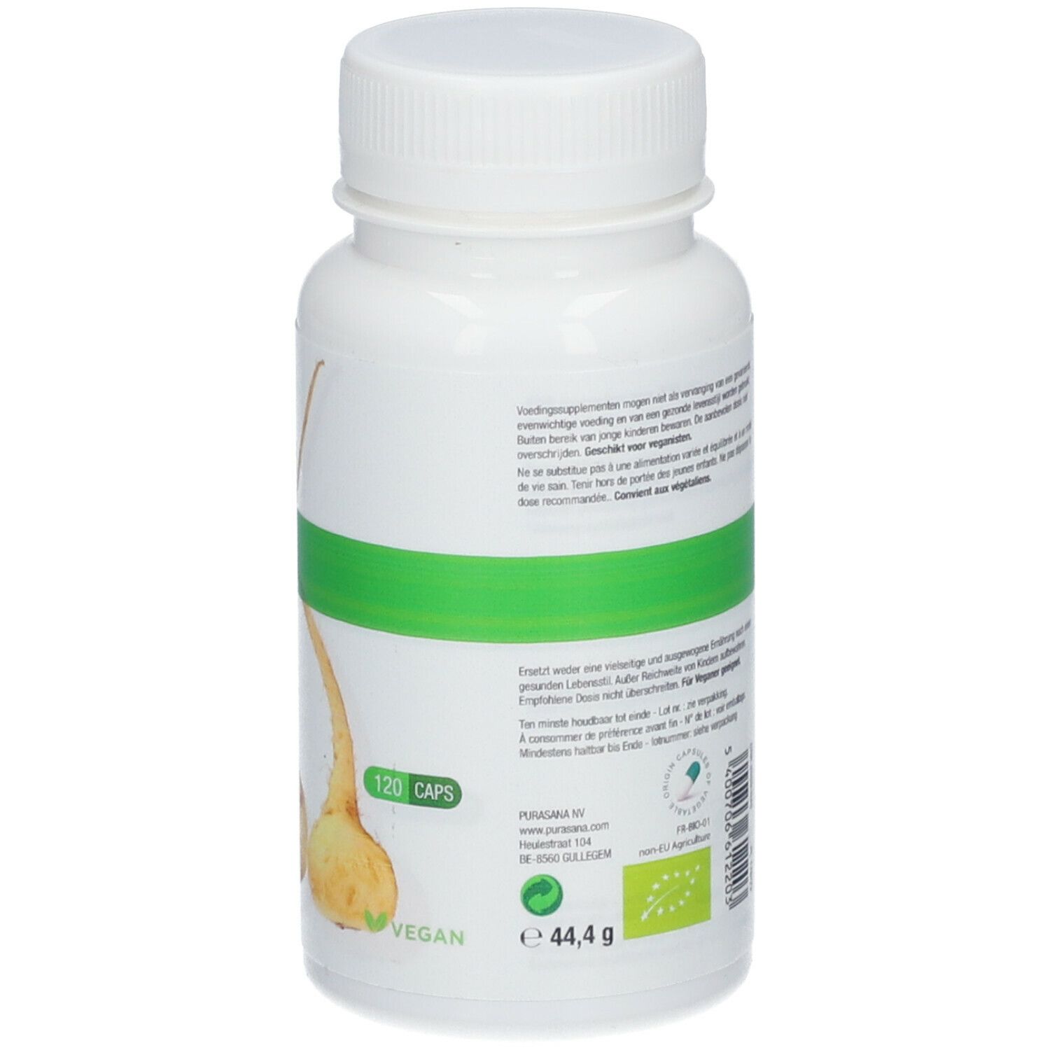 Dos du flacon blanc. Étiquette verte avec informations produit. Inscription : 120 gélules. Label vegan. Label bio.