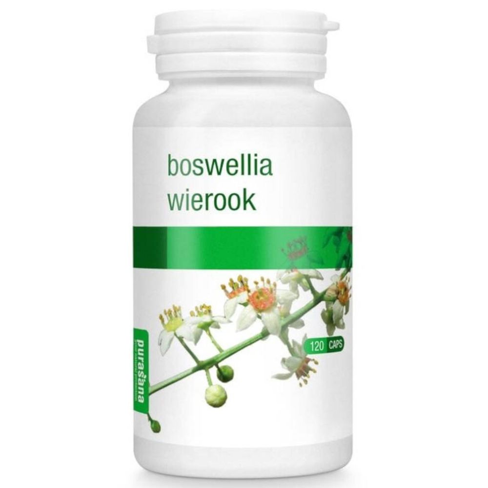 Flacon blanc de gélules. Inscription: boswellia wierook. Bande verte et blanche. Illustration florale. 120 capsules.