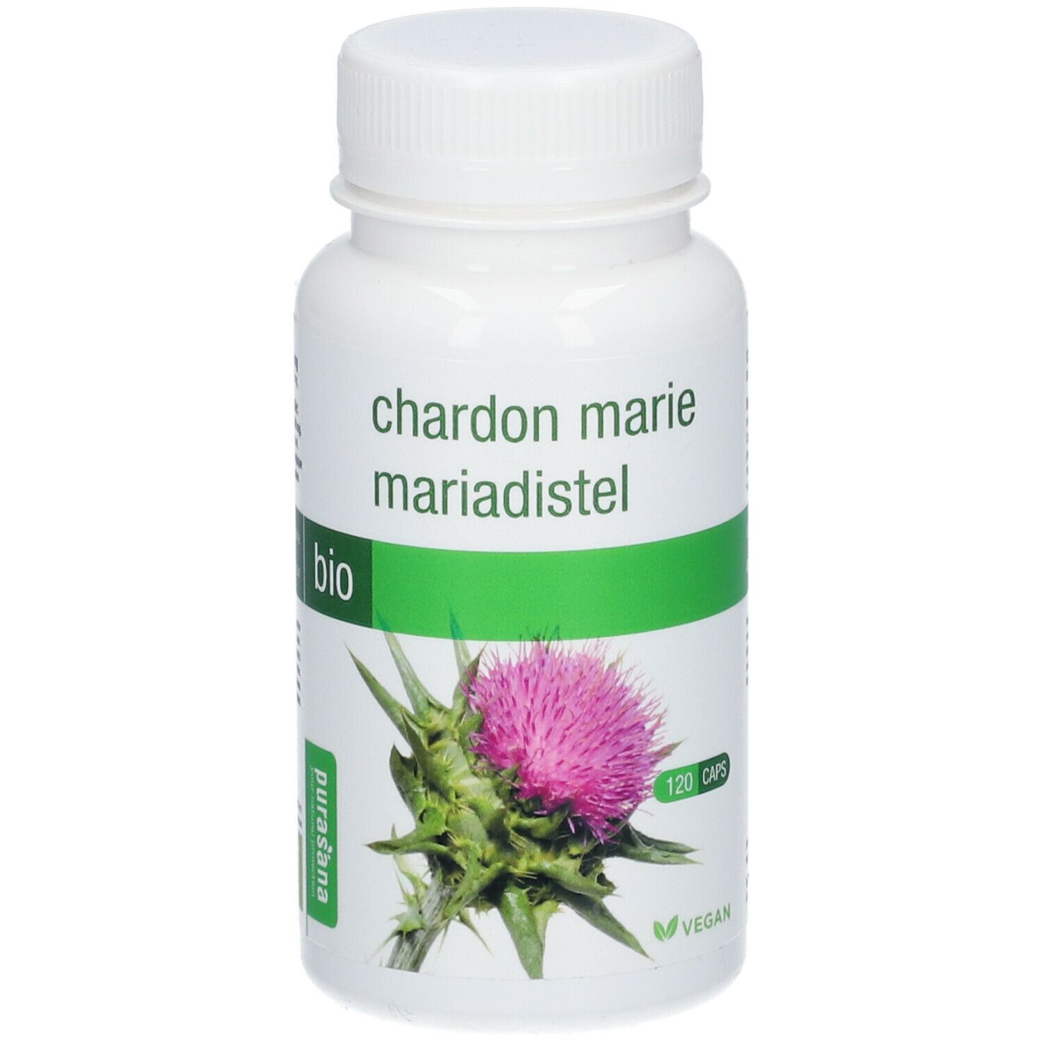 Flacon blanc avec capsules. Inscription: Chardon Marie, Bio. Illustration d'une fleur de chardon. Label Vegan.