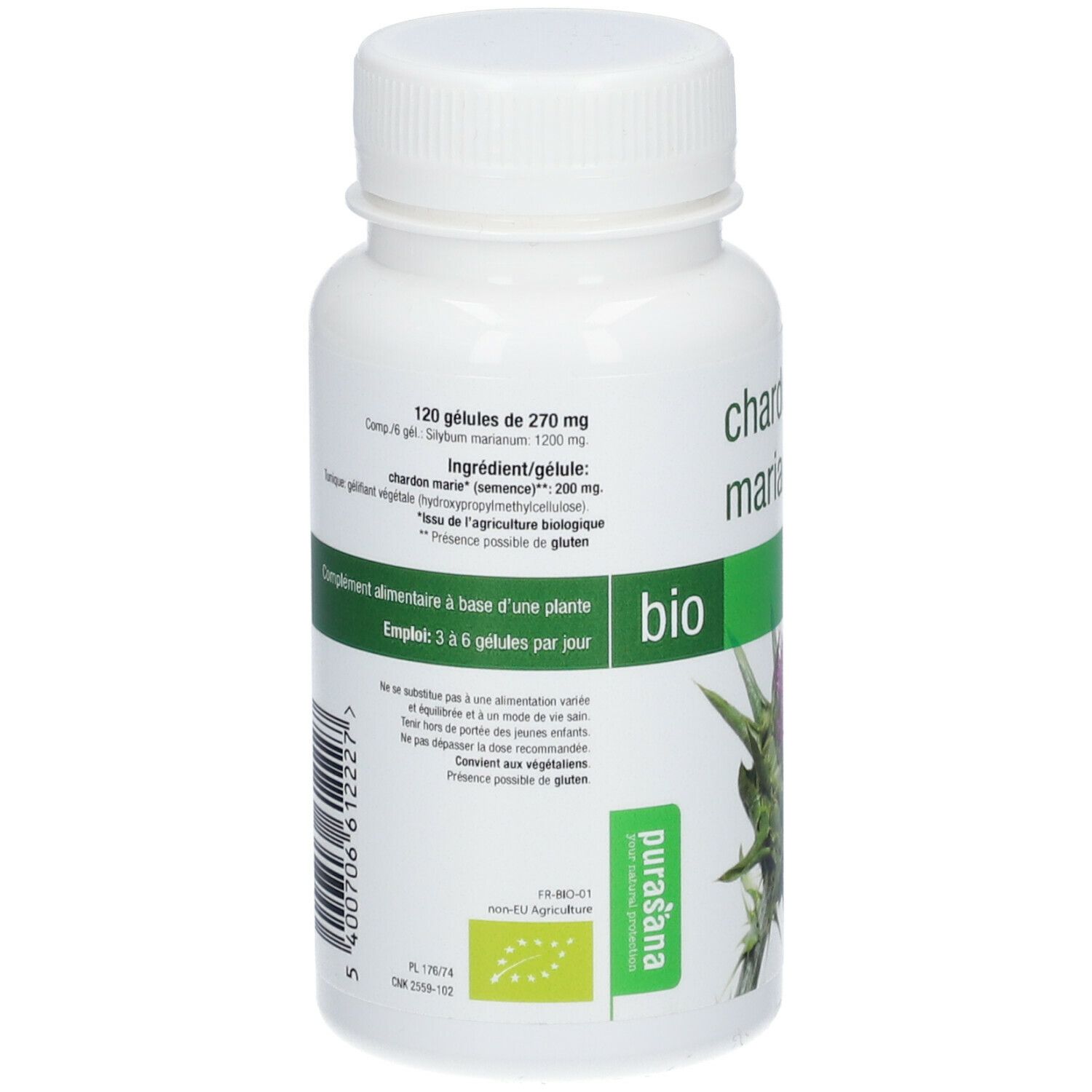 Dos du flacon avec informations nutritionnelles et ingrédients. Texte en français. Labels Bio et Vegan.
