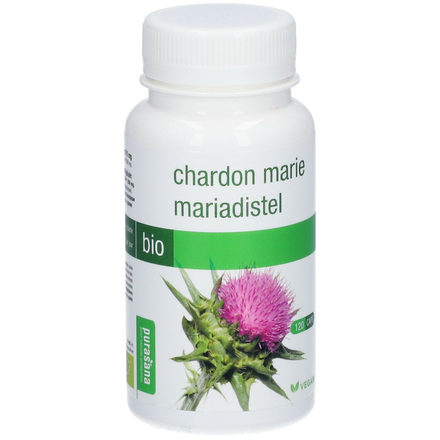 Flacon blanc avec capsules. Inscription: Chardon Marie, Bio. Illustration d'une fleur de chardon. Label Vegan.