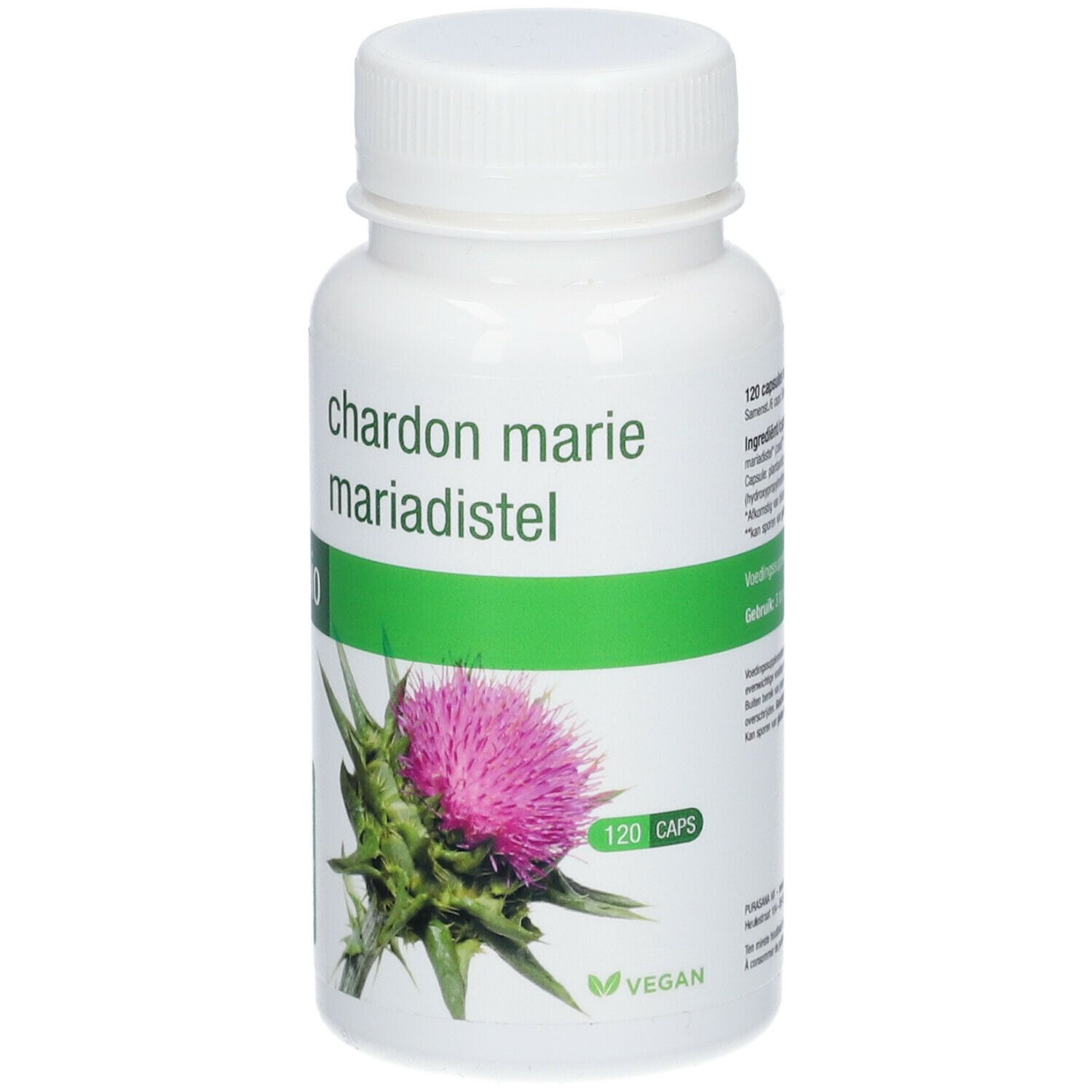 Flacon blanc avec capsules. Inscription: Chardon Marie, Bio. Illustration d'une fleur de chardon. Label Vegan.