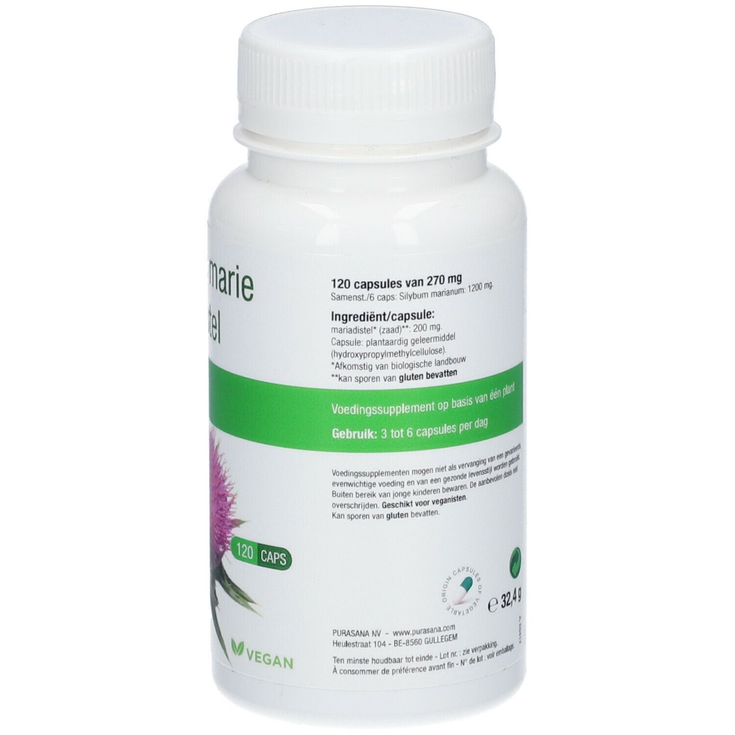 Dos du flacon avec informations nutritionnelles et ingrédients. Texte en néerlandais. Labels Bio et Vegan.