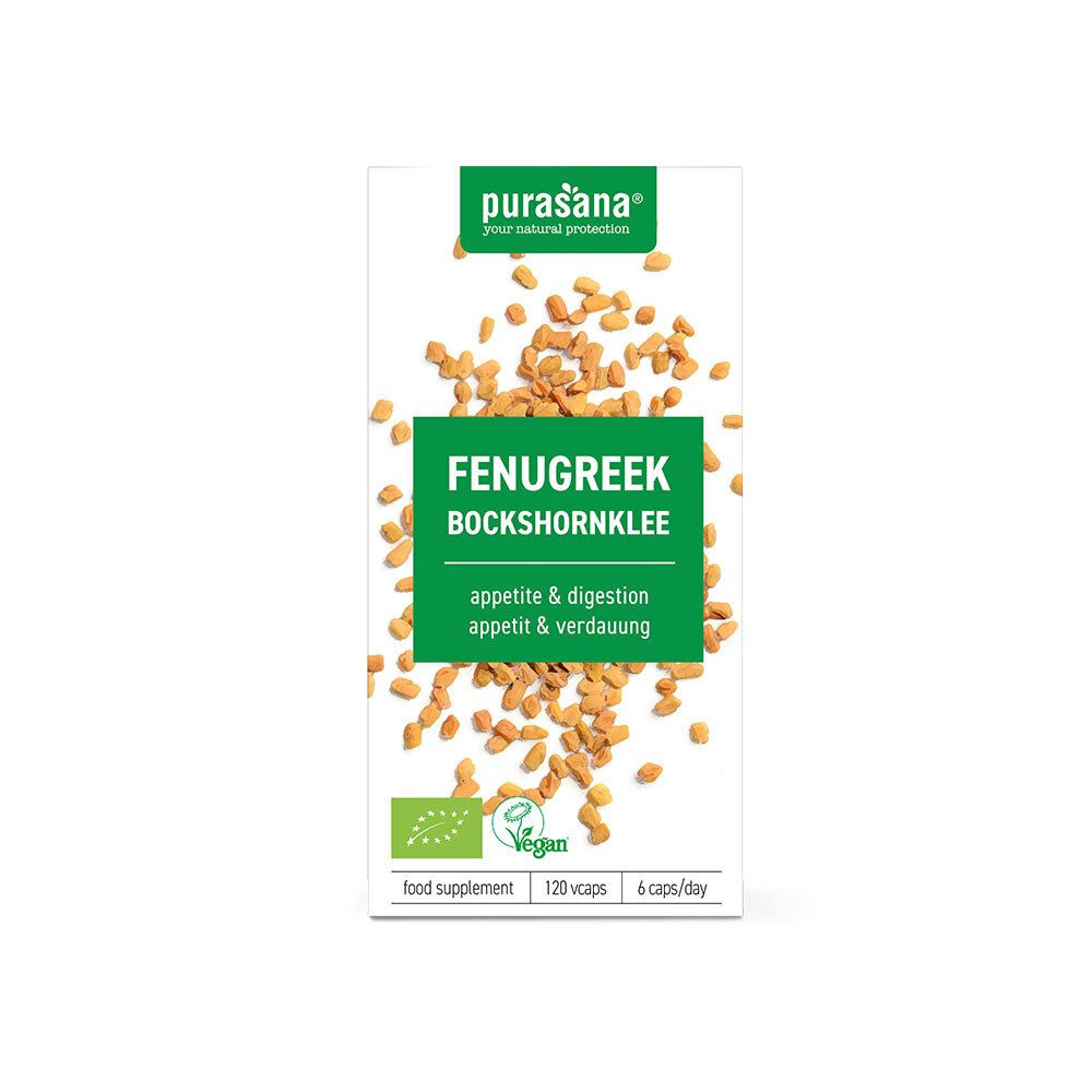 Doos Purasana® Fenegriek. Groene tekst « Fenegriek ». Vegan label. 120 capsules.