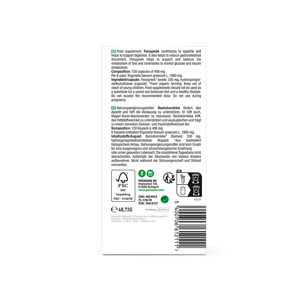 Achterkant verpakking Purasana® Fenegriek. Meertalige tekst. FSC-logo. Barcode.