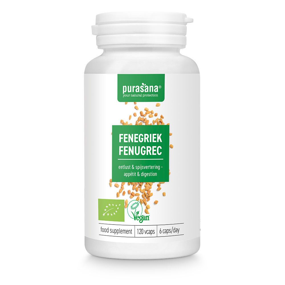 Witte fles Purasana® Fenegriek. Groen etiket. Vegan label. 120 capsules.