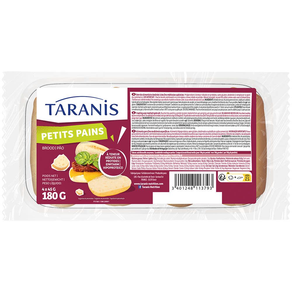 Emballage de petits pains TARANIS. Emballage transparent, rectangulaire. Impression avec nom du produit et illustration.