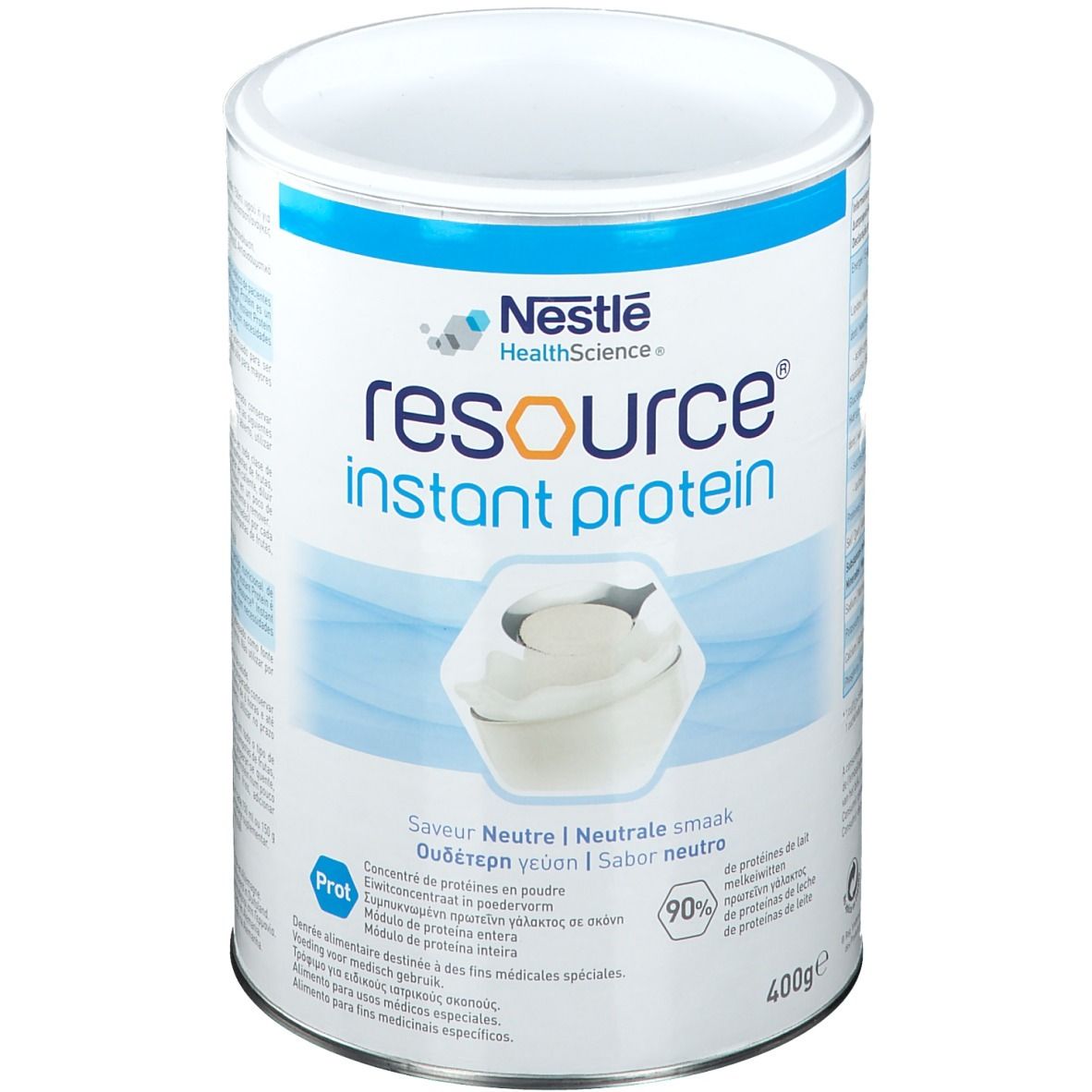 Boîte Resource Instant Protein, blanc et bleu. Logo Nestle HealthScience. Goût neutre. 400g.