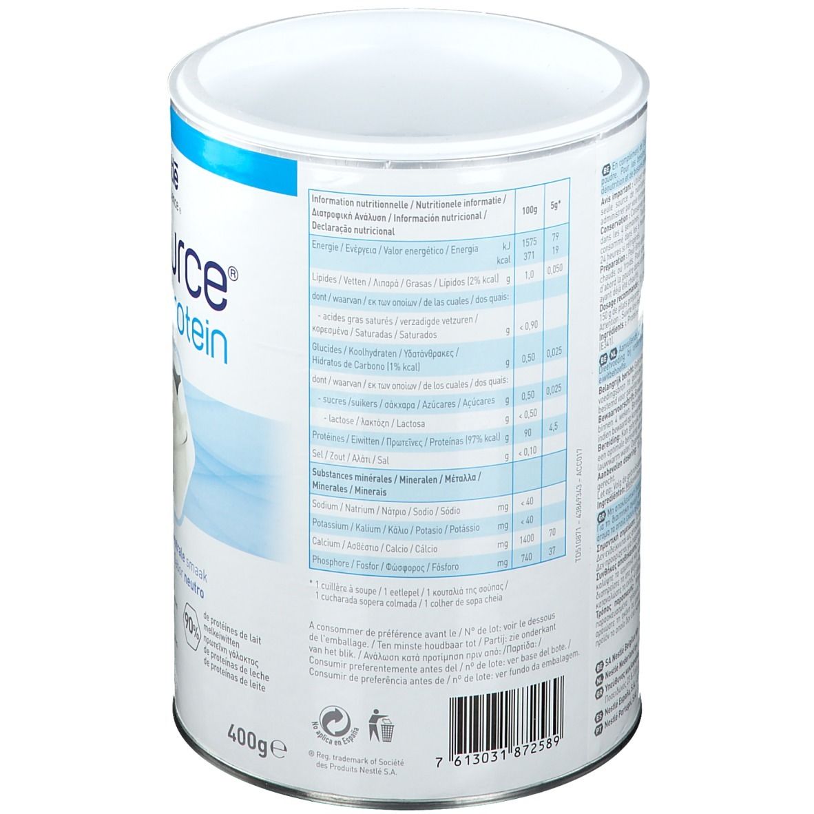 Dos de la boîte Resource Instant Protein. Informations nutritionnelles et ingrédients. Texte multilingue.