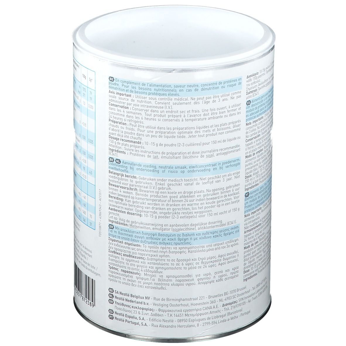 Dos de la boîte Resource Instant Protein. Instructions et conseils d'utilisation. Texte multilingue.