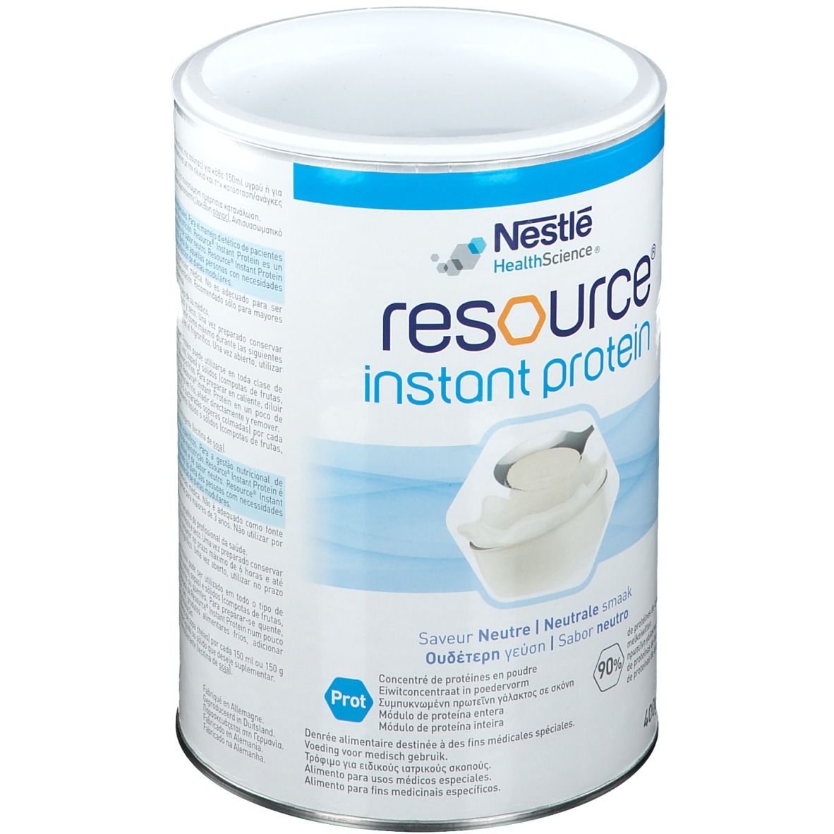 Boîte Resource Instant Protein, blanc et bleu. Logo Nestle HealthScience. Goût neutre. 400g.