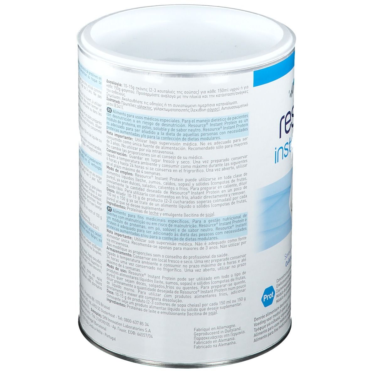 Dos de la boîte Resource Instant Protein. Instructions et conseils d'utilisation. Texte multilingue.