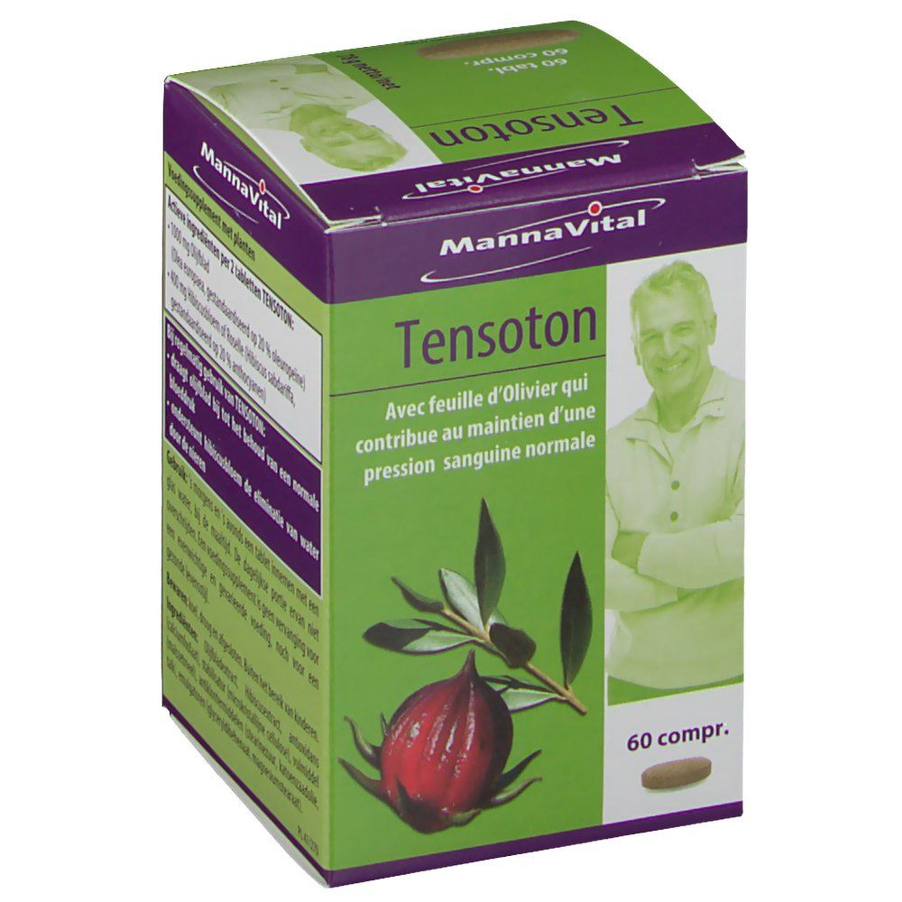 Boîte Mannavital Tensoton. Boîte verte et blanche avec nom du produit et illustration végétale. Contient 60 comprimés.