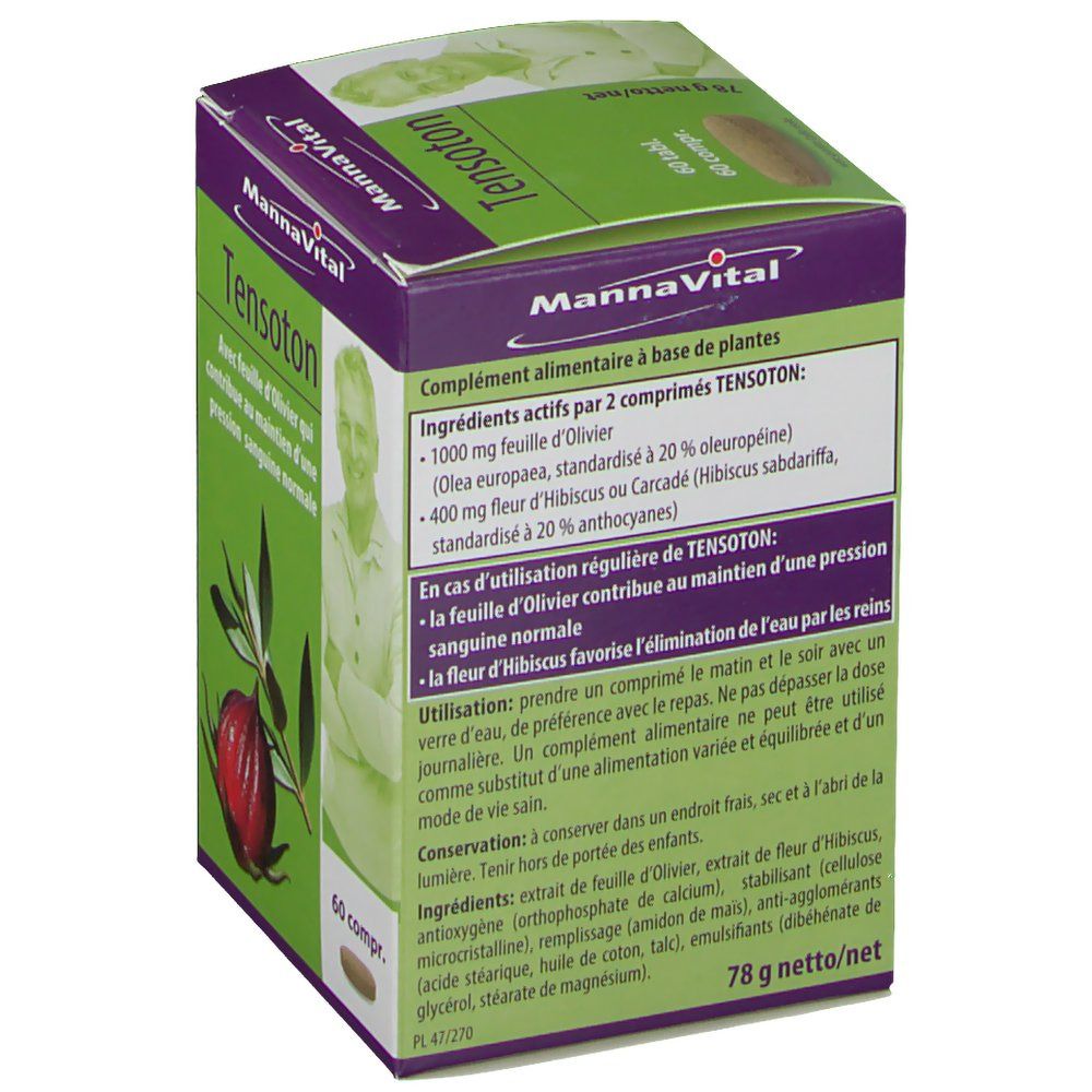 Dos de la boîte Mannavital Tensoton. Contient des informations sur les ingrédients et l'utilisation. 78g net.