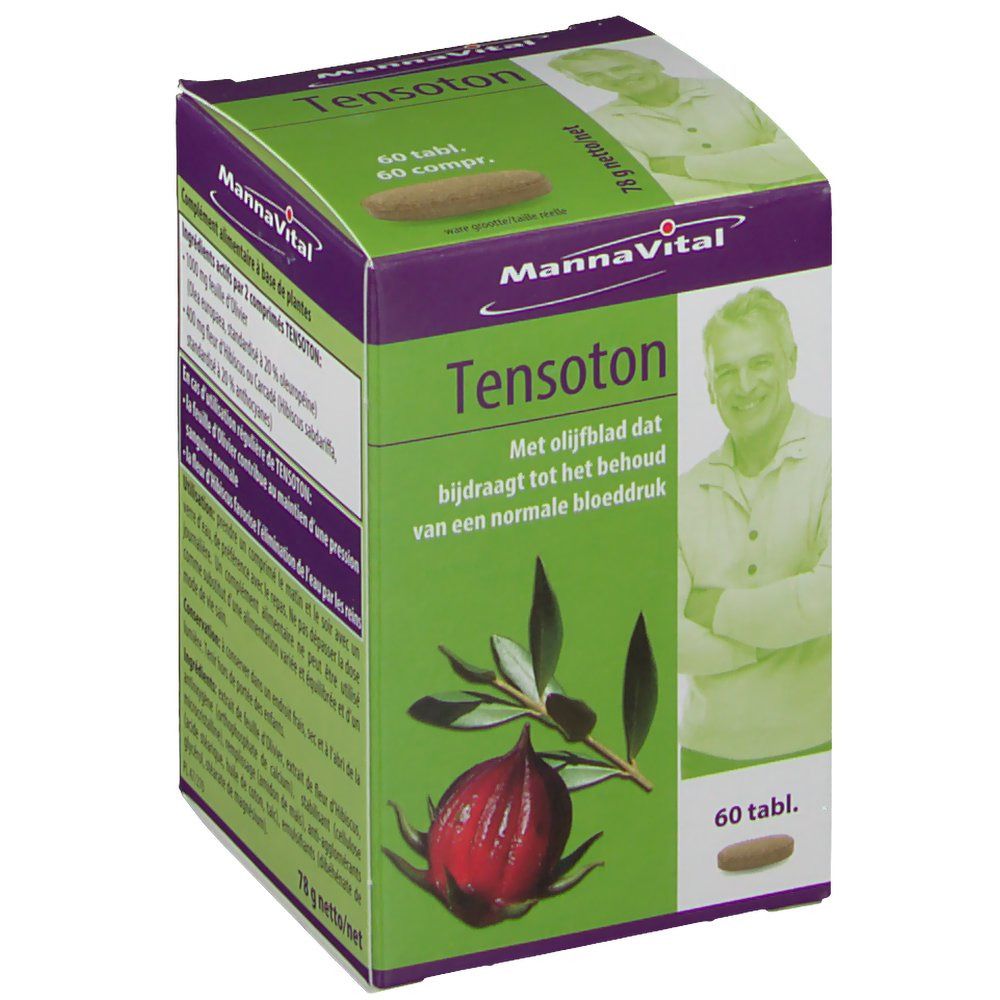 Boîte Mannavital Tensoton. Boîte verte avec nom du produit et illustration végétale. Contient 60 comprimés.
