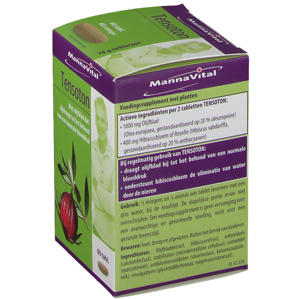 Boîte Mannavital Tensoton. Boîte verte avec nom du produit et illustration végétale. Contient 60 comprimés. Poids net 78g.
