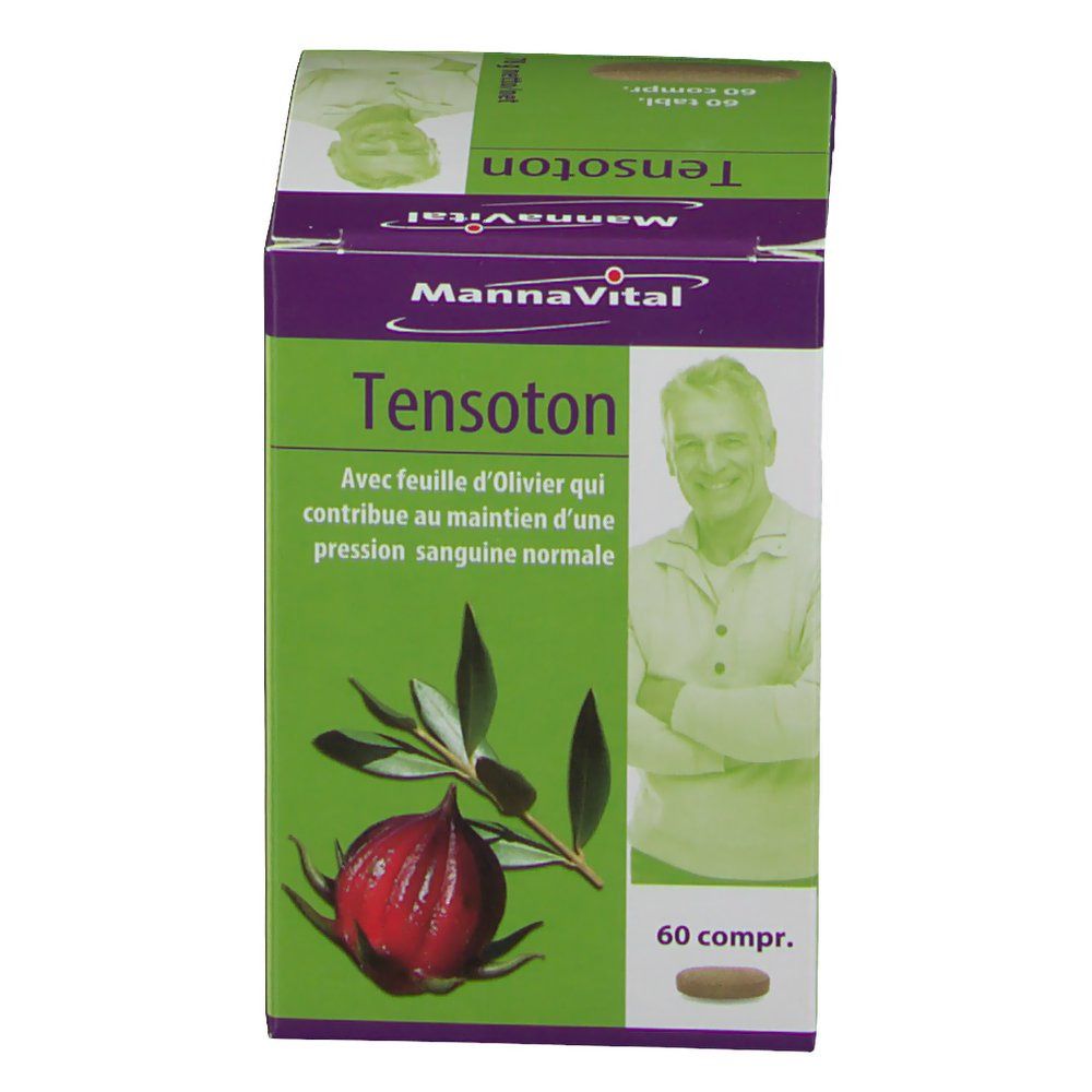 Boîte Mannavital Tensoton. Boîte verte avec nom du produit et illustration végétale. Contient 60 comprimés.
